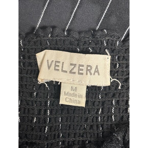 Velzera Womens Black Pinstripe Top W/ White Floral Embroidery & Smocked Details - Picture 6 of 9